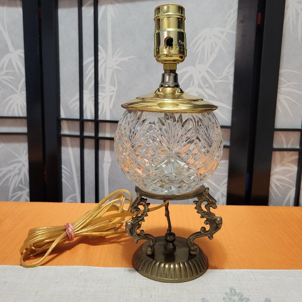 Vintage 80's Cut Crystal Accent Table Lamp w/ Stylized Brass Dragon Base